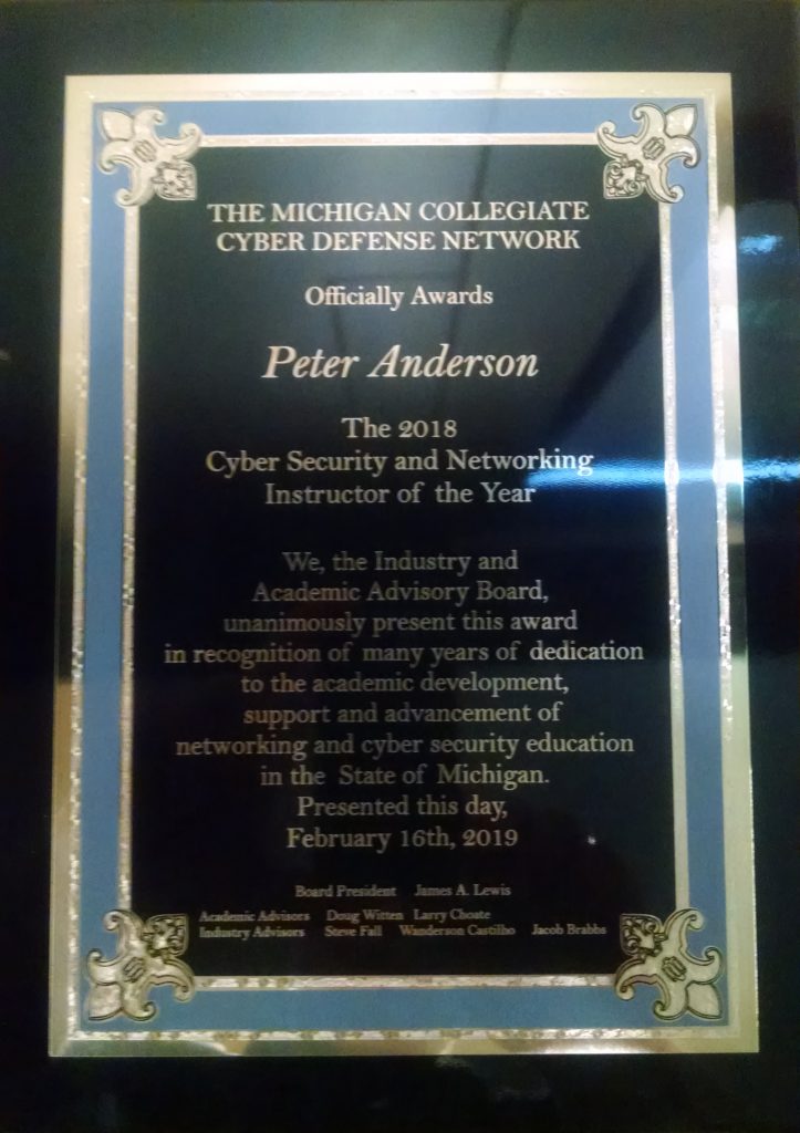 Pete Anderson – 2018 Cyber Security and Networking Instructor of the Year
